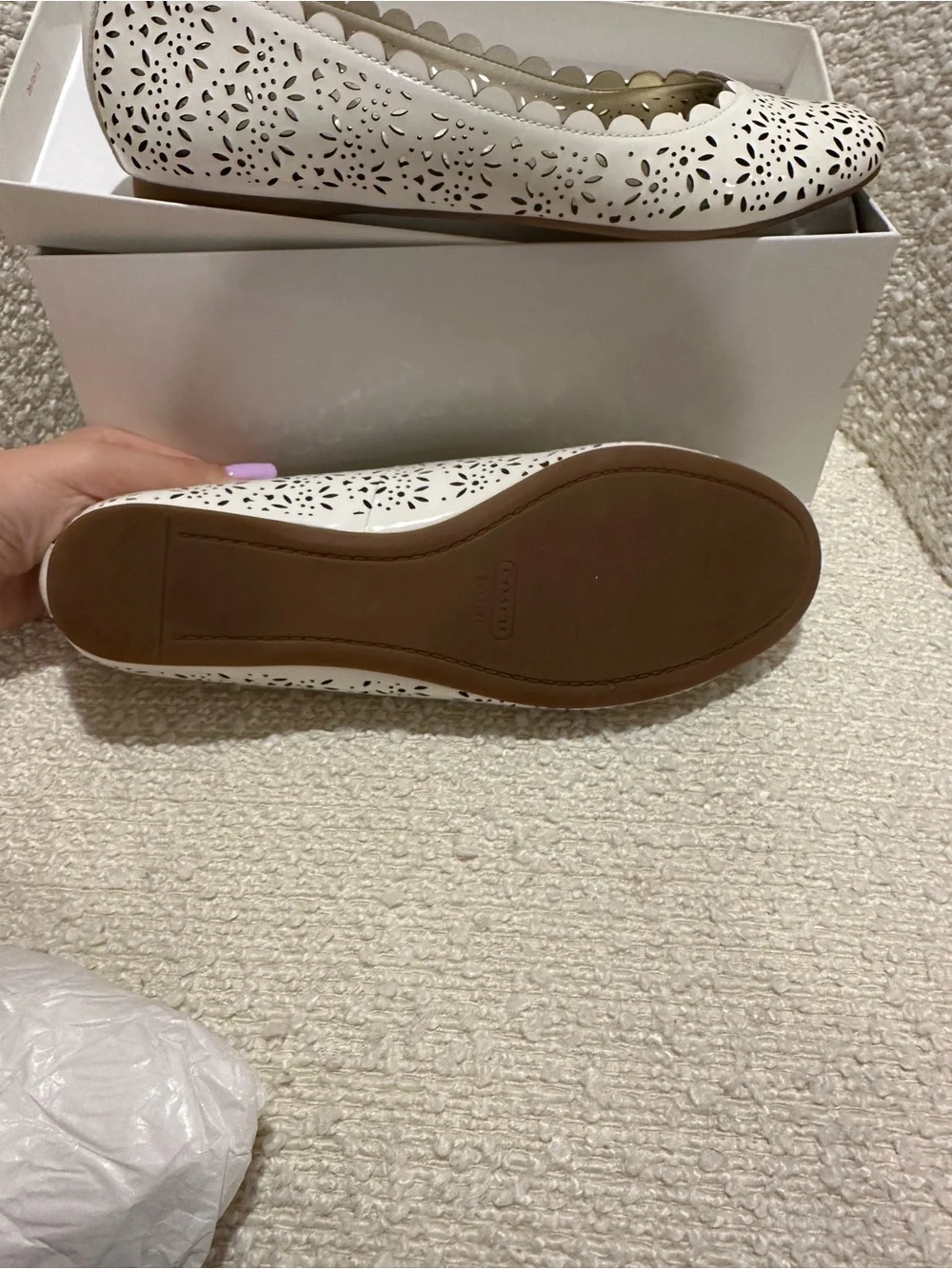 Coach White Laser-Cut Scalloped Ballet Flats